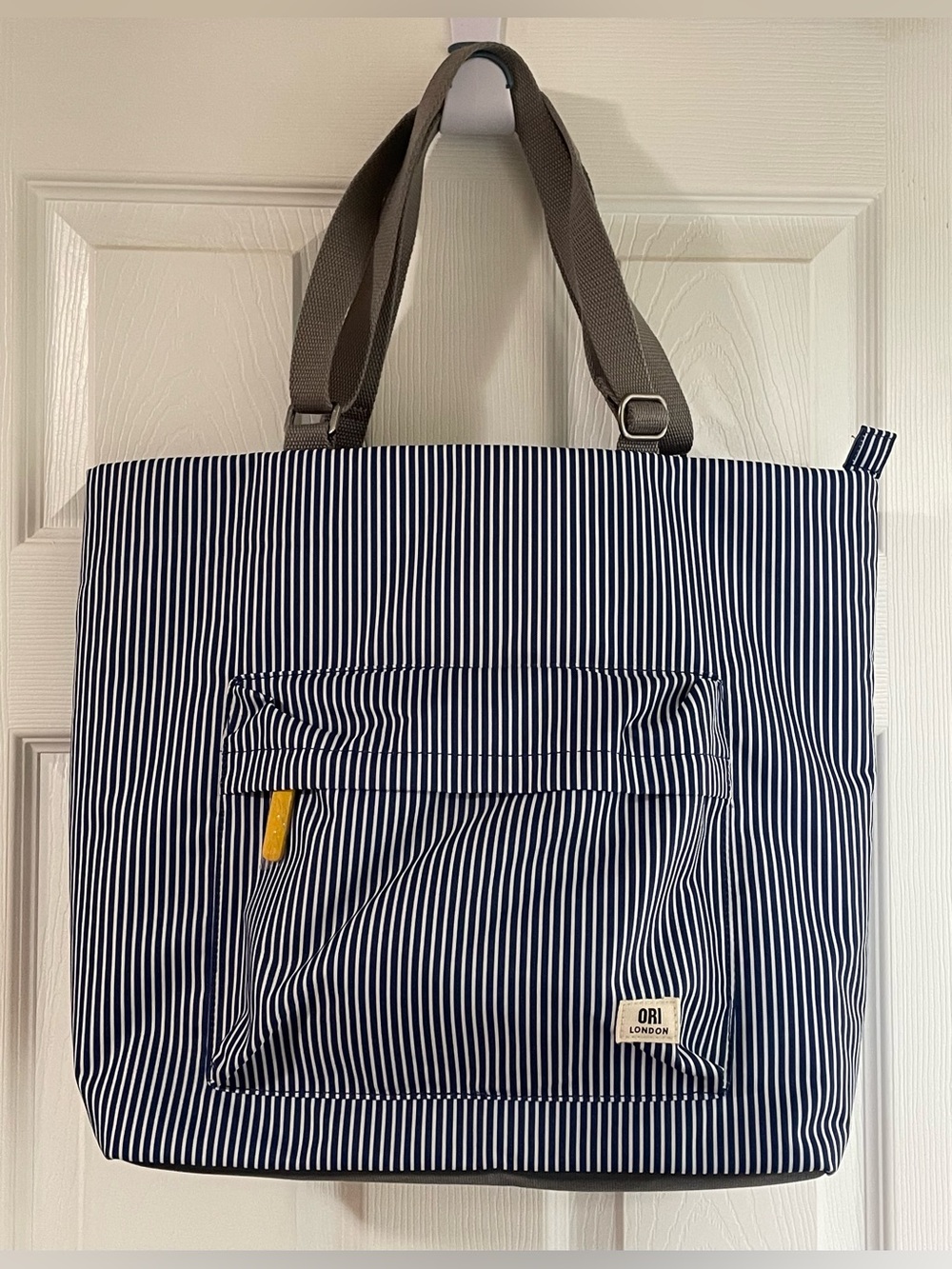 Ori London Navy & WhiteStripe Tote Bag with yellow accents